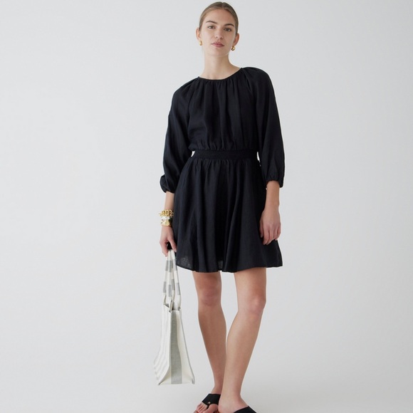 Elegant Black Linen Polermo Smocked Waist Jcrew Mini Dress Size Medium - Picture 3 of 6